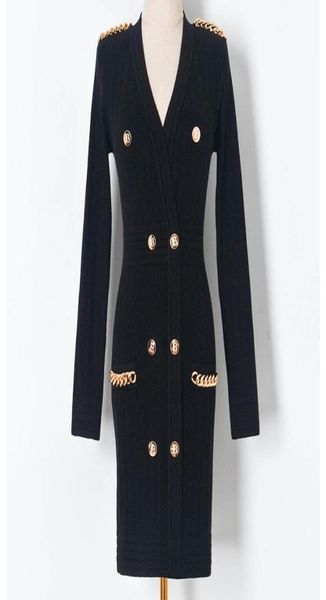 

women milan runway dresses v neck long sleeve knitted dress with gold chains fashion slim knit dress3496652, Black