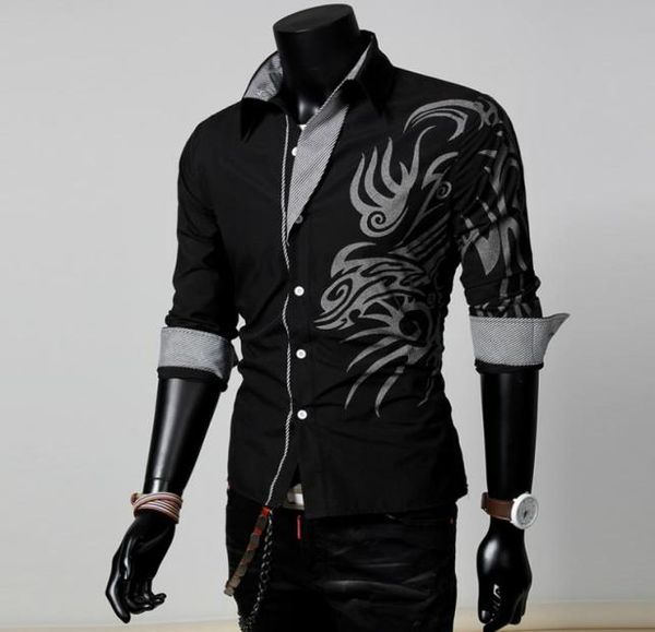 

men male fashion long sleeve european style tattoo dragon printed shirt silm fit shirt 4 colors1446199, White;black