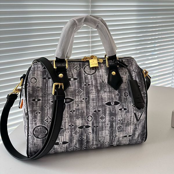 

two-tone washing printing women designer pillow bag with golden lock handle adjustable leather strap shoulder cross body zipper handbag medi