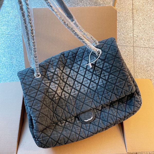 

42x22cm old washing denim jumbo designer classic flap bag silver metal hardware matelasse chain airport travel outdoor large capacity women