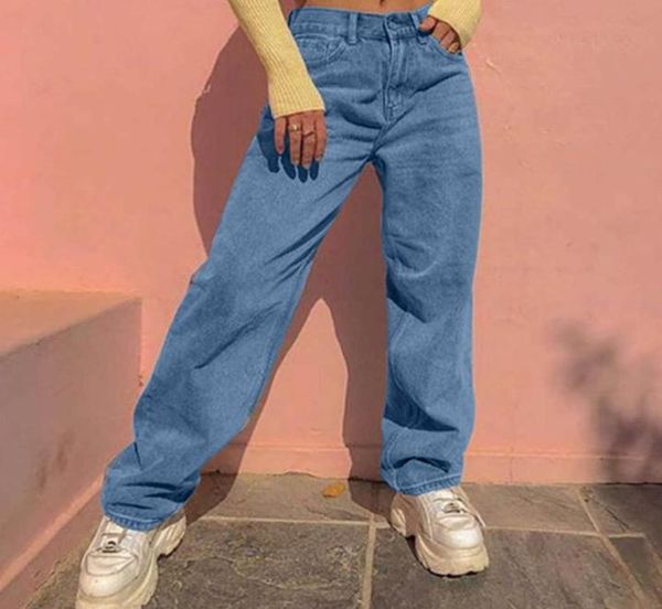 

2021 fashion womens high waist blue denim pants vintage loose pocket blue solid color streetwear straight jeans pants trousers2597464