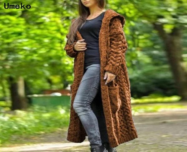 

umeko autumn women fashion knit sweater women solid knitted hooded open front long coat loose sweater cardigans ladies outerwear y5194785, White;black