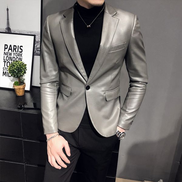 

men's jackets men slim fit blazers jackets gray pu leather suit coats men leather jackets male business casual suit coats blazers 23081, Black;brown
