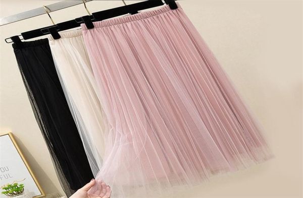 

zoki new 2020 women tulle skirt elastic high waist mesh spring summer fashion long skirt a line black girl korean pleated faldas y4007242