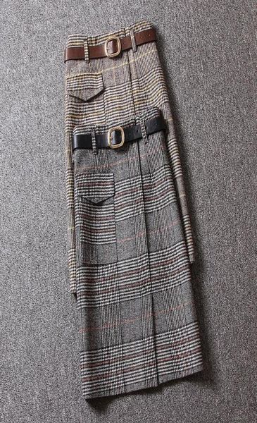 

2020 autumn winter fashion woolen tartan skirt long style for women high waist split woman skirts mujer faldas saias mulher6642618, Black