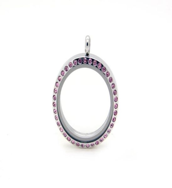 

high polished 316l stainless steel silver round 30mm glass living lockets with pink crystal6984420