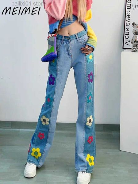 

women's jeans 2023 summer y2k flower embroidered high waist patchwork bootcut jean pants blue jeans for women streetwear casual denim t