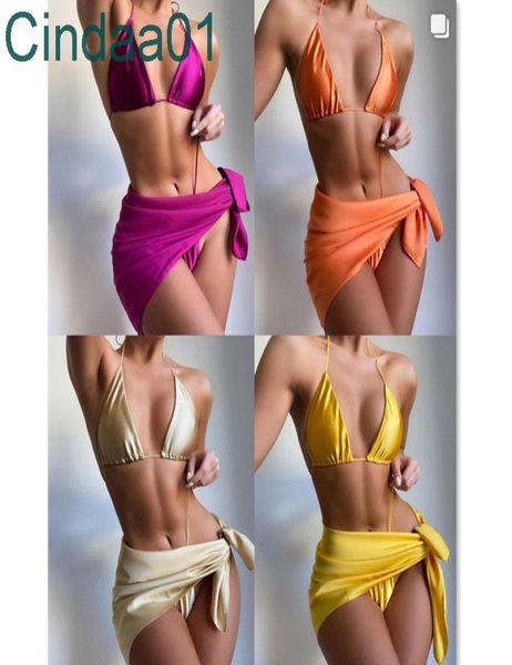 

2022 summer new woman three piece swimsuit bikini lace up elastic apron swimwear 5colors9649927, White;black