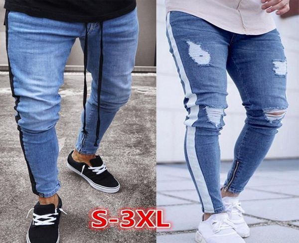 

nibesser 2020 skinny jeans men ripped hole stretch denim trousers male autumn straight streetwear pencil jeans plus size t2001608097, Blue