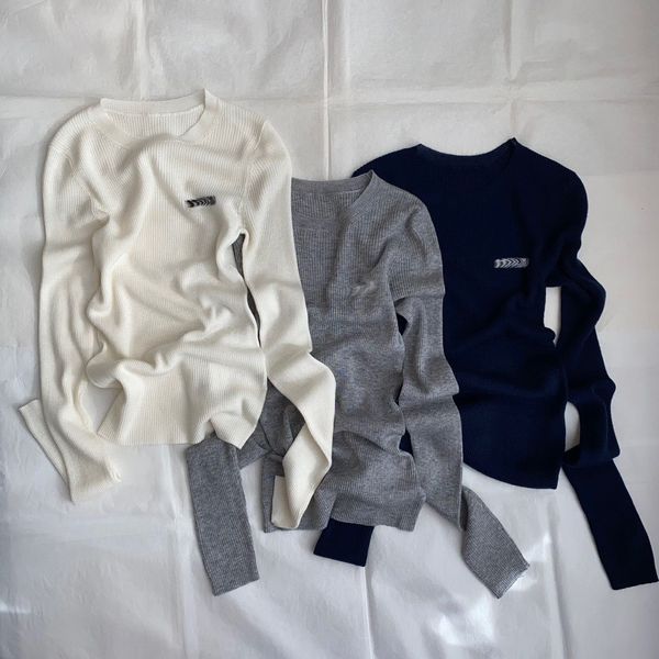 

autumn winter fashion 3 color knitting pullovers women's solid color o-neck slim long sleeve, White