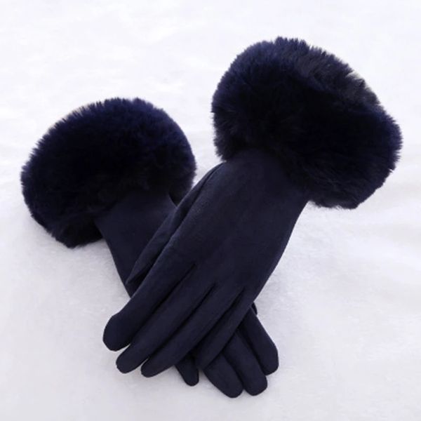 

five fingers gloves female faux rabit fur suede leather touch screen driving glove winter warm plush thick embroidery full finger cycling mi, Blue;gray