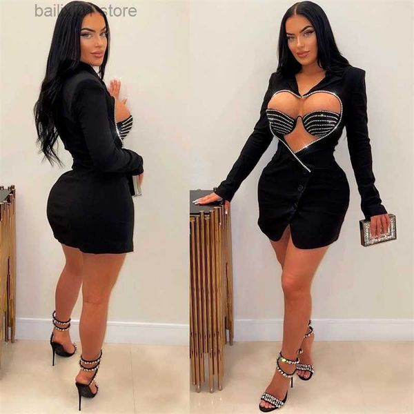 

basic casual dresses diamonds love heart cutout bodycon mini blazer dress padded underwire bra women elegant long sleeve buttons party outfi, Black;gray