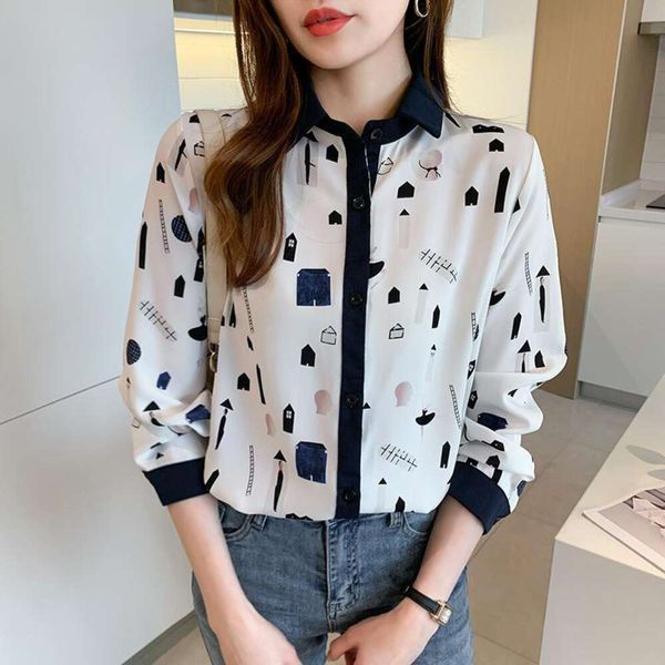 

spring and autumn womens blouses korean commuter fashion colorful print long sleeved chiffon shirt for women, White
