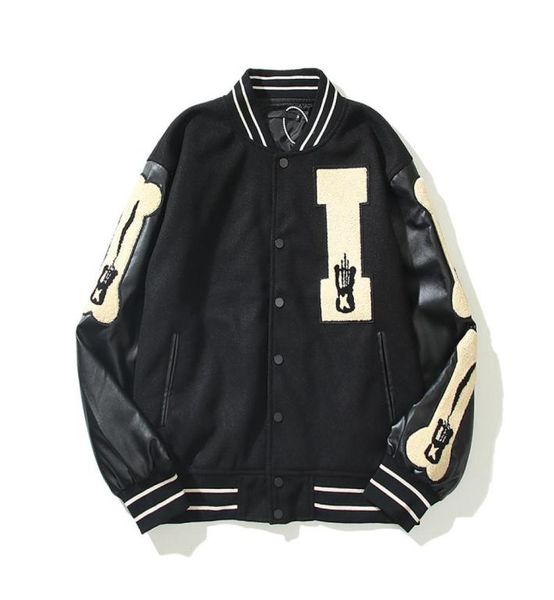 

leather sleeve patchwork embroidery men women woolen baseball jacket stand oversize casual coats70919746756260, Black;brown