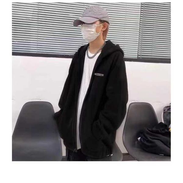 

ess hoodie double line essentials american high street autumn and winter couple zipper fleece hoodie trend, Black