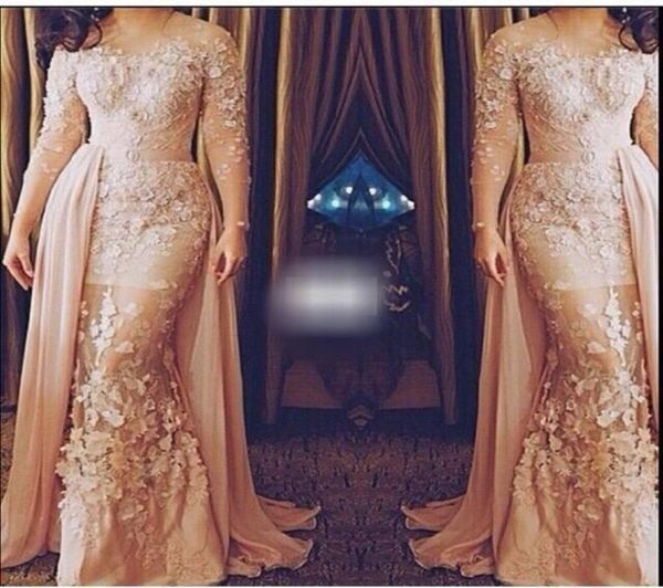 

long sleeves prom dresses 2019 african mermaid blush lace appliques scoop evening party gowns with detachable train custom made3391079, Black