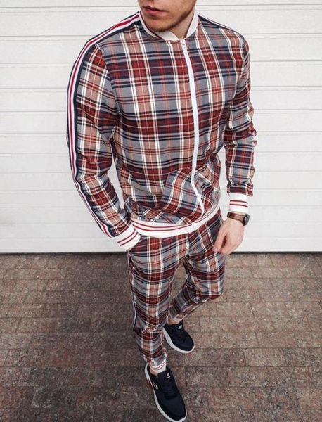 

men track suit high street sets zipper jacket checkered0123811980, Gray