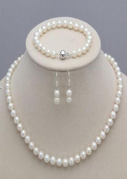 

new 78mm natural freshwater pearl necklace bracelet earrings set1638088, Silver