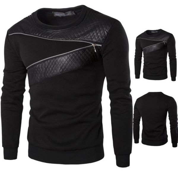 

fashion new zipper style t shirt men leather patchwork men 039s t shirt plus size m5xl tees mens hip hop clothing trend1705152, White;black