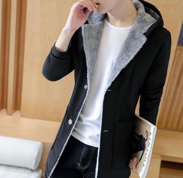 

brand new winter mens fleece linning hooded trench coats fashion casual single breasted medium length male slim fit warm jackets515785173, Black;brown