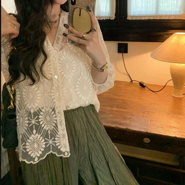 

milky white see through blouses embroidery temperament short high end lace shirt design sense niche