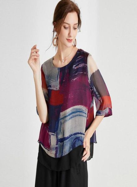 

7715 jry new summer fashion women039s blouses round collar half sleeve lady printing loose silk blouse plus size rose xxx32203465301, White