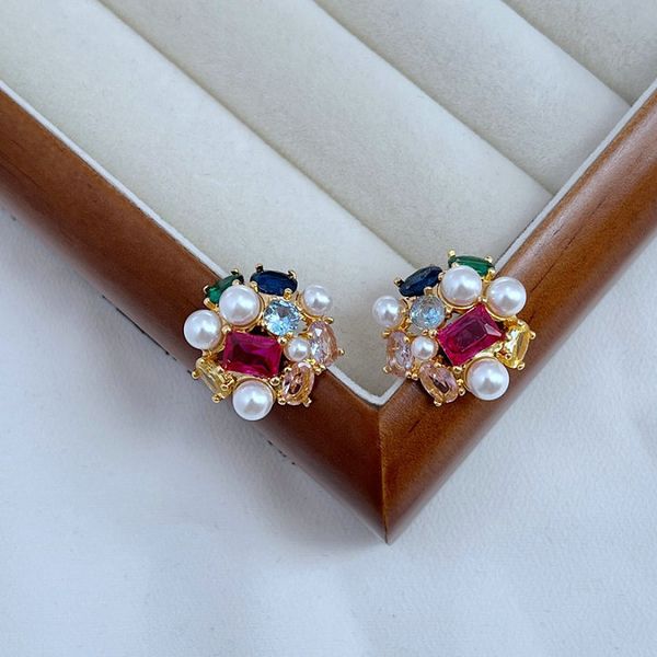 

stud real 18k gold plated colorful zircon pearl flowers candy earrings jewelries letter wedding gift factory wholesale with dust bag, Golden;silver