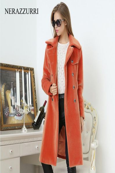 

nerazzurri long trench coat for women fashion autumn double breasted casual slim british style orange faux fur overcoat 2012122709013, Black