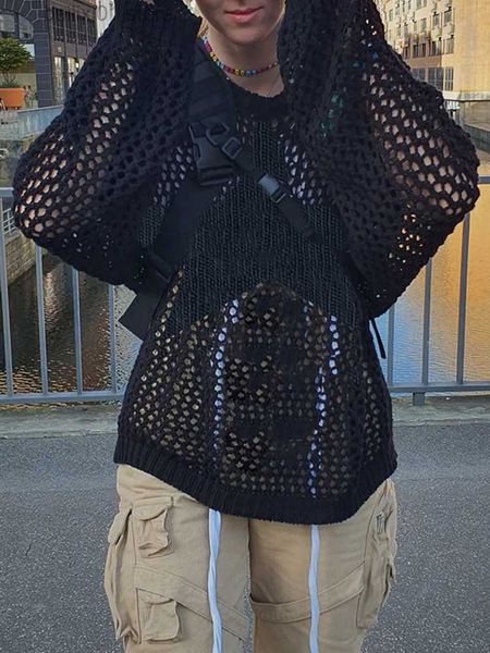 

women's sweaters gothic crochet star sweater pullovers oversized loose holes knitted jumper smock y2k harajuku streetwear see through s, White;black