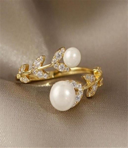 

luxury creative zircon leaf pearl gold opening ring for woman korean fashion jewelry gothic party girl039s unusual rings7087908, Silver