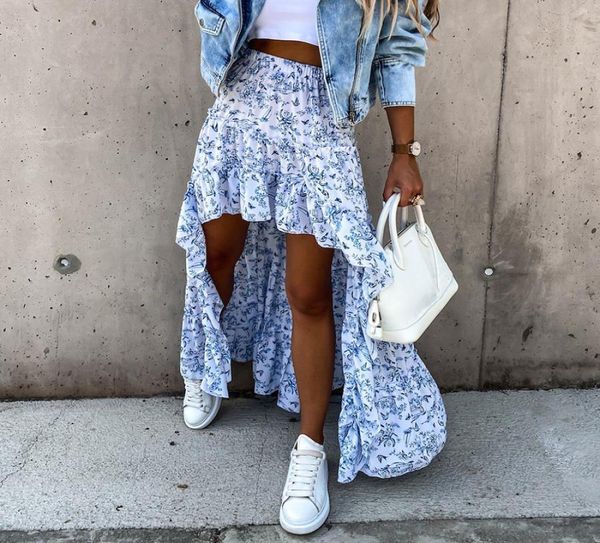 

women long skirt summer beach style floral printed high waist casual ins arrival bohemian asymmetrical 2206231681868, Black