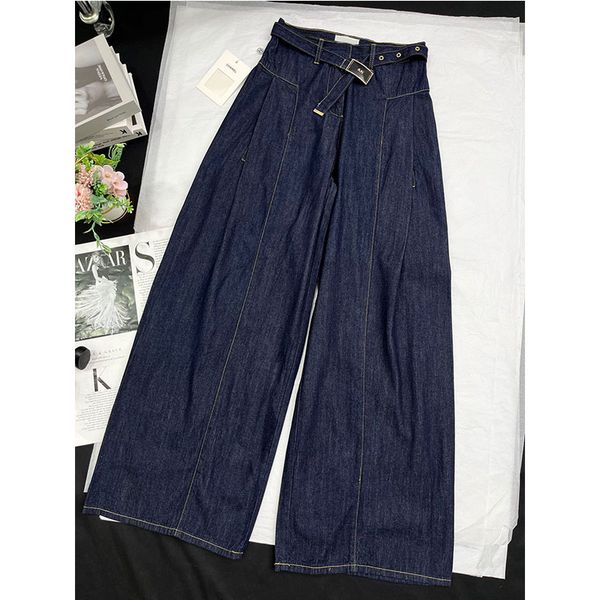 

2023 luxury design new women straight denim pants with belt streetwear casual wide leg pants solid loose oversize long trousers, Black;white