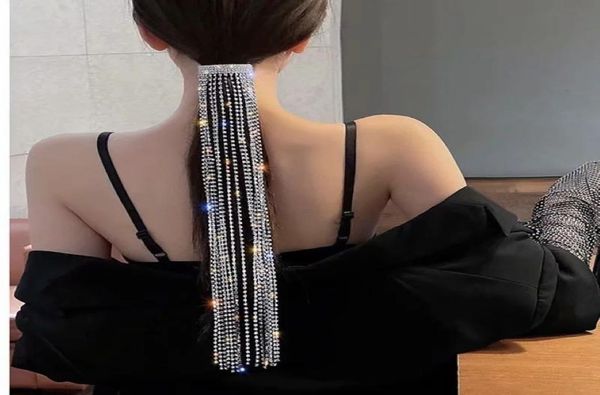 

shine hair clips full rhinestone hairpin woman long tassel crystal barrettes accessories wedding banquet jewelry headdress ponytai1106566, Golden;silver