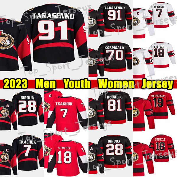 

#7 brady tkachuk reverse retro hockey jersey #28 claude giroux #91 vladimir tarasenko tim stutzle jakob chychrun zack macewen dominik kubali, Black;red