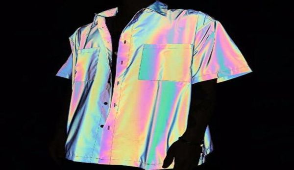 

spring summer holographic reflection colorful reflective shirt men short sleeve street hip hop punk blouse man vintage casual rain7680084, White;black