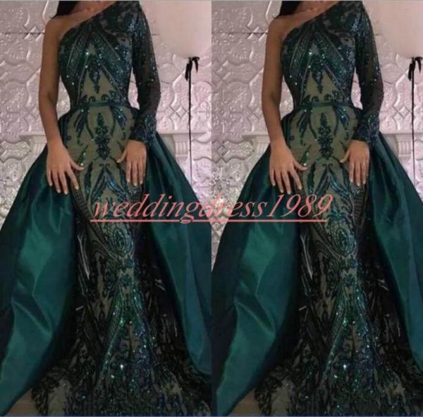 

elegant sequins long sleeve mermaid evening dresses detachable skirt one shoulder green party wear robe de soiree prom ball pagean3678878, Black;red