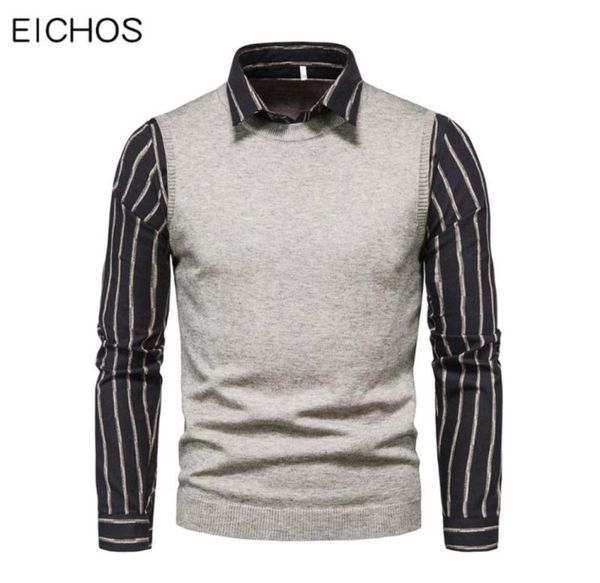 

sweaters for men vintage pullover autumn fashion fake two piece knitted sweater turndown collar sweater shirt male clothes6044139, White;black