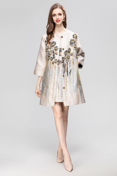 

designer women's mid length coat 2023 autumn/winter fashion round neck long sleeve fashion handmade beaded coat monochrome custom jacqu, Tan;black