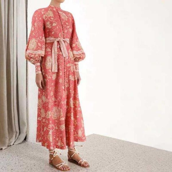 

europe and the united states stand collar lantern longsleeve singlerow buckle fashion waist above the knee print long skirt retr5710219, Black