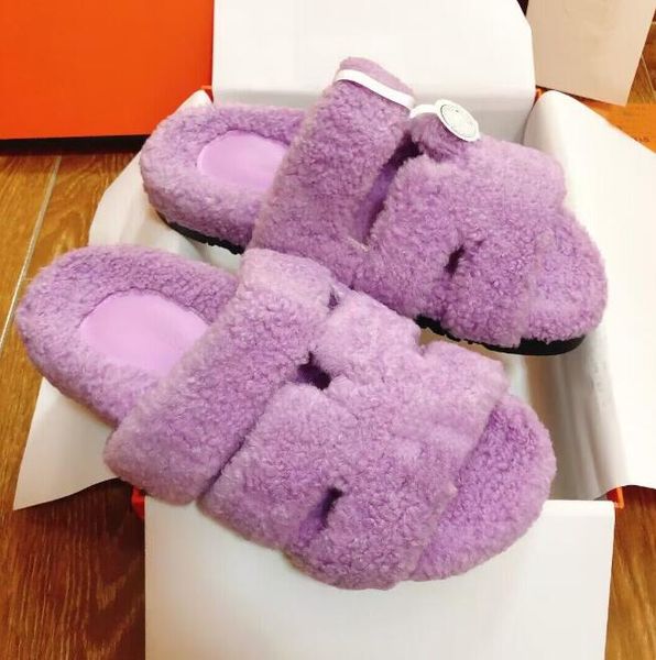 

nice chypre sandals shoes women men shearling fluffy furry slides flat suede fur fluffy furry classic flip flops comfort walking heel 2.5cm, Black