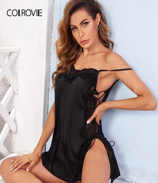 

colrovie black floral lace satin slips with thong women autumn sleeveless lace up side sleepwear nightdress lingeries3135375, Black;red