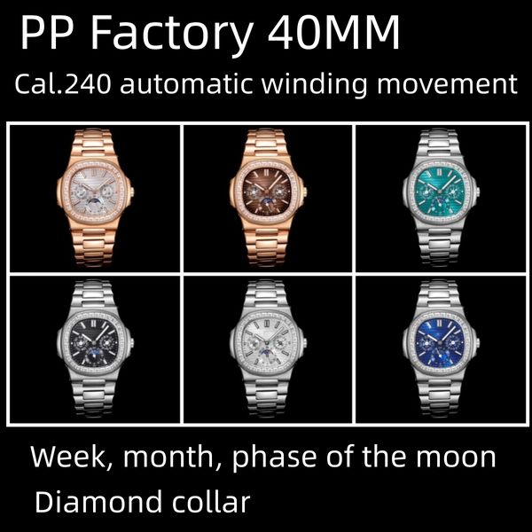 

pp factory2023 40mm men's watch cal.240 self-winding movement day month moon phase display panel 5740/1g-001 highest quality watches, Slivery;golden