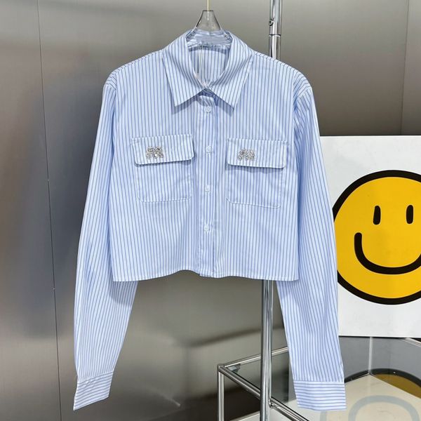 

spring/summer stripe pocket diamond polo neck shirt women's fashion versatile casual short top, White