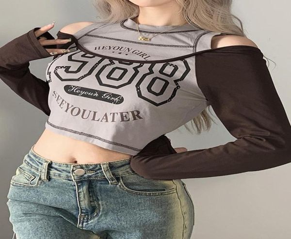 

women039s tshirt fake two pieces letter print women y2k aesthetic crop punk contrast slim fairy grunge graphic off sh7285845, White