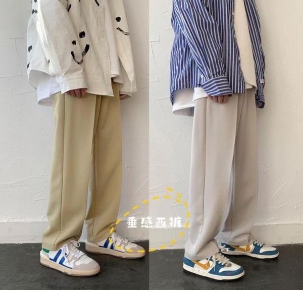 

korean style wide leg pants men039s fashion solid color casual pants men streetwear loose drawstring dress mens trousers1171212, Black