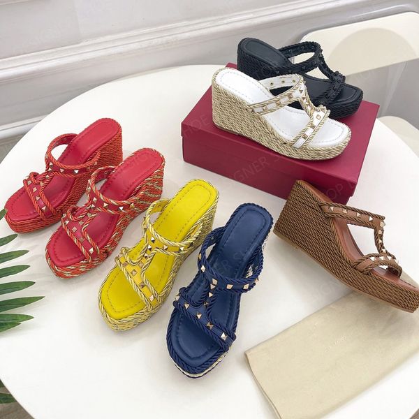 

new fashion stud-detailed platform slipper straw woven open toes slip-on wedge high heel sandal luxury designers slide for women 9cm, Black