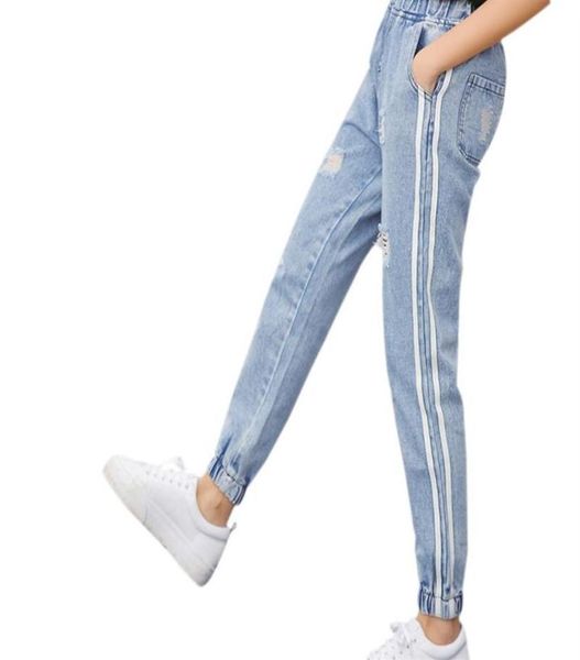 

girls female blue boyfriend jeans pants women elastic mid waist button long trousers dual pockets ripped jeans247o5913030