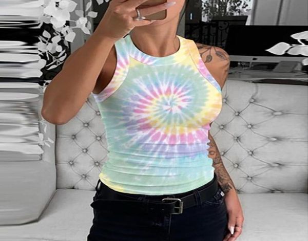 

jaycosin streetwear tight tshirt women 2020 new sleeveless tiedye light color printing ladies t shirt cool round neck tee 4418060, White