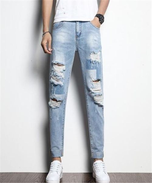 

2019 autumn and winter new destroyed hole denim mens fashions worn out pencil pants ripped skinny jeans men pantalon homme jean9907443, Blue