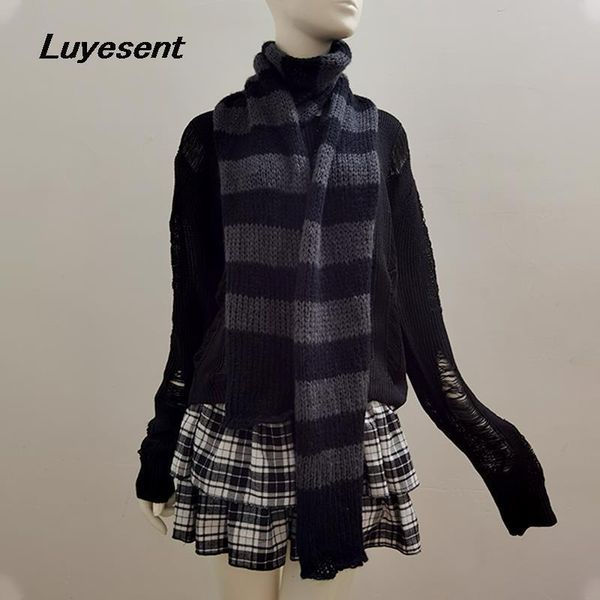 

scarves gothic black gray striped women knitted neckerchief y2k girl warm long scarves korean japanese basic scarf 2.1m*0.3m 230816, Blue;gray
